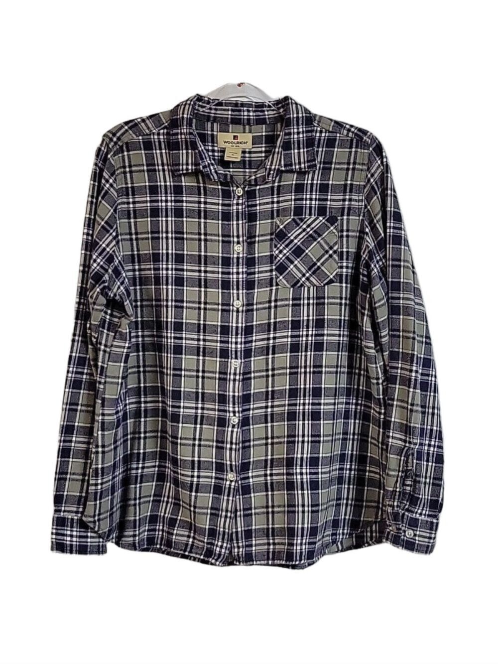 Vtg Woolrich Women's Gray Blue Plaid Flannel, Size XL